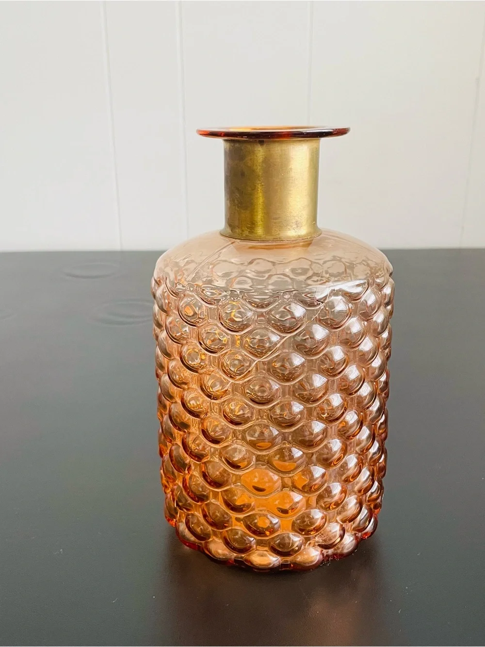 Amber Textured Glass Vase with Brass Neck